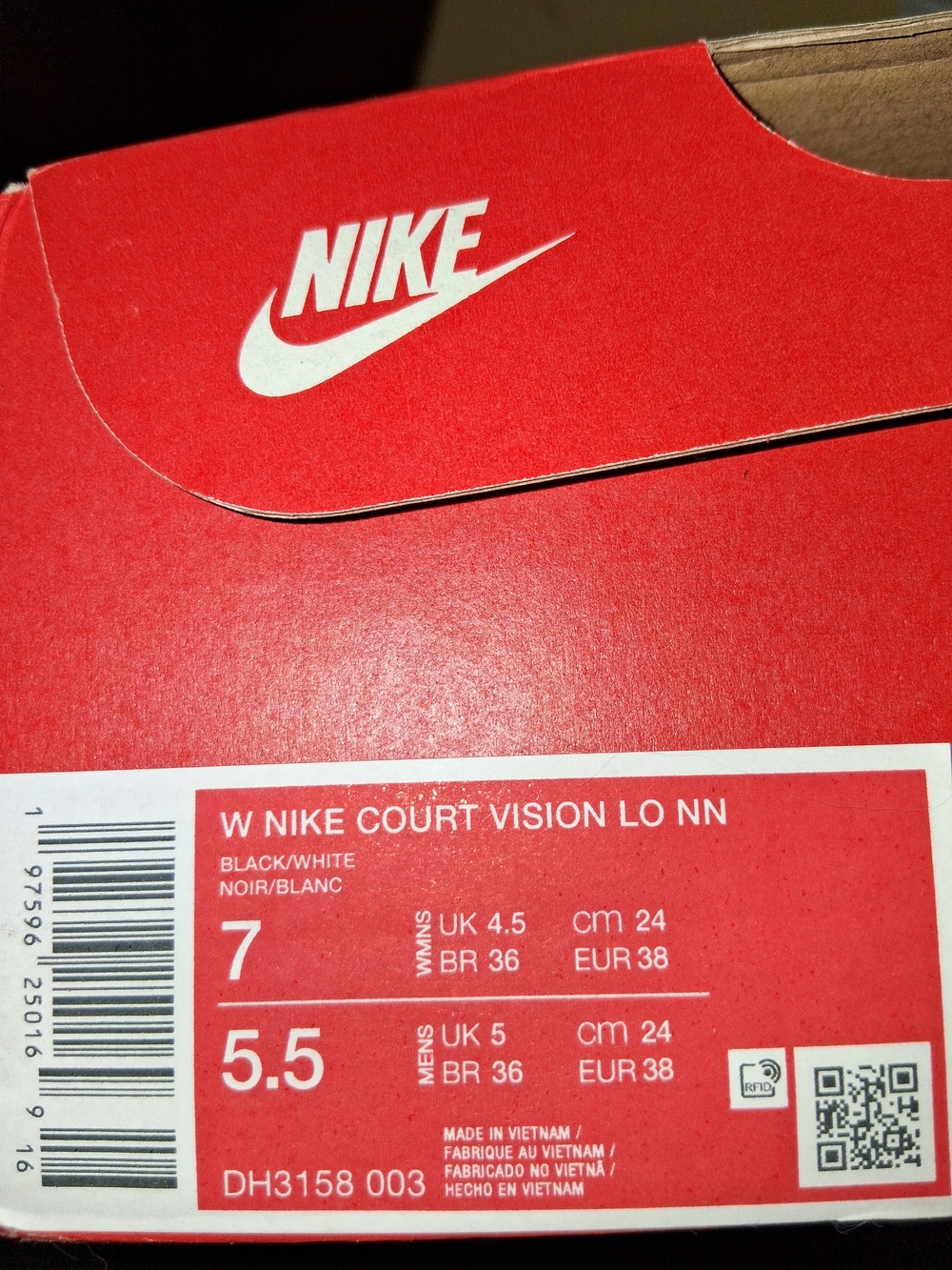Nike Red and White Shoe Box (W Nike Court Vision Lo NN)